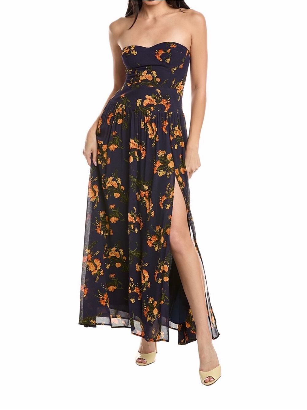 NEW Strapless Navy Floral Maxi Dress with High Side Slit